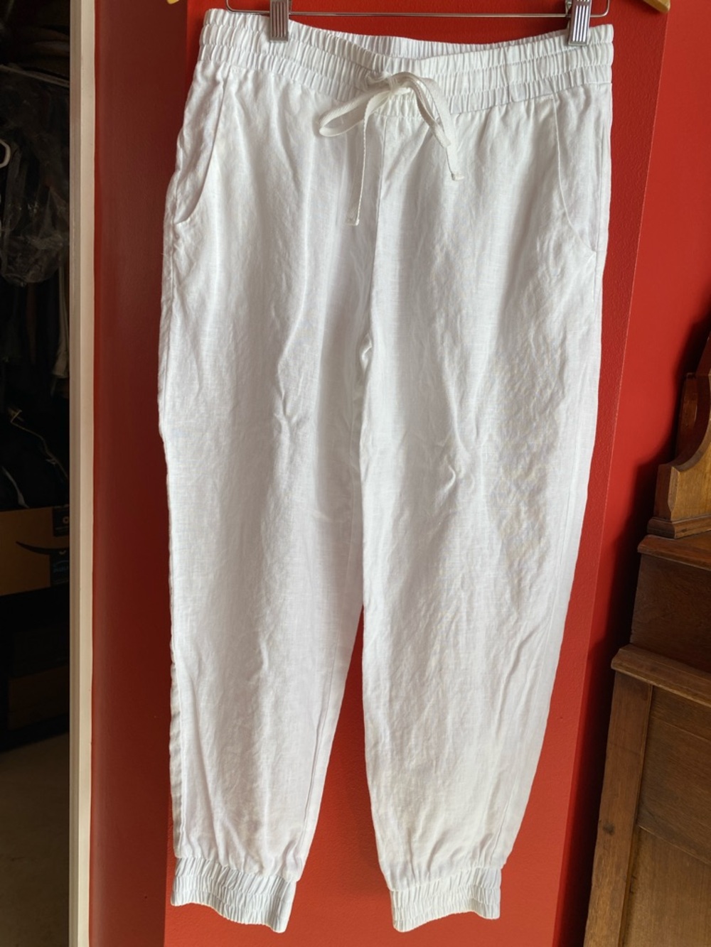NEW Womens White Drawstring 100% Linen Jogger Pants S